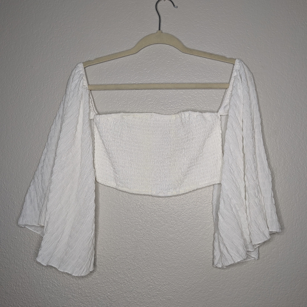 Shein Womens White Off Shoulder Flare Sleeve Boho Fairy Renaissance Crop Top M